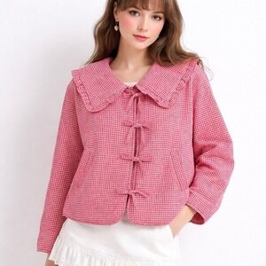 NEW Maeve Hazel Quilted Gingham Jacket Ruffle Collar Tie Front Women Plus 2X Red